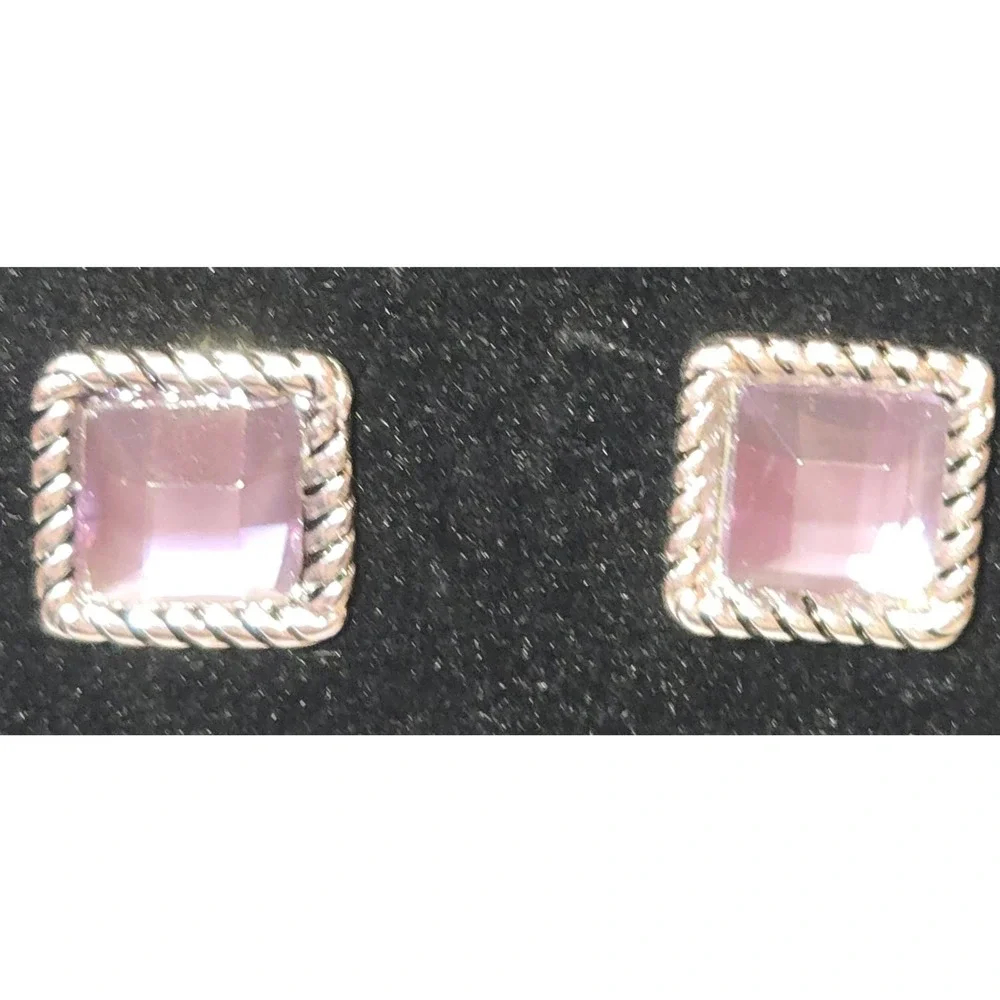 Square Purple Gem Stud‎ Earrings Silver Tone Twisted Rope Border Women
